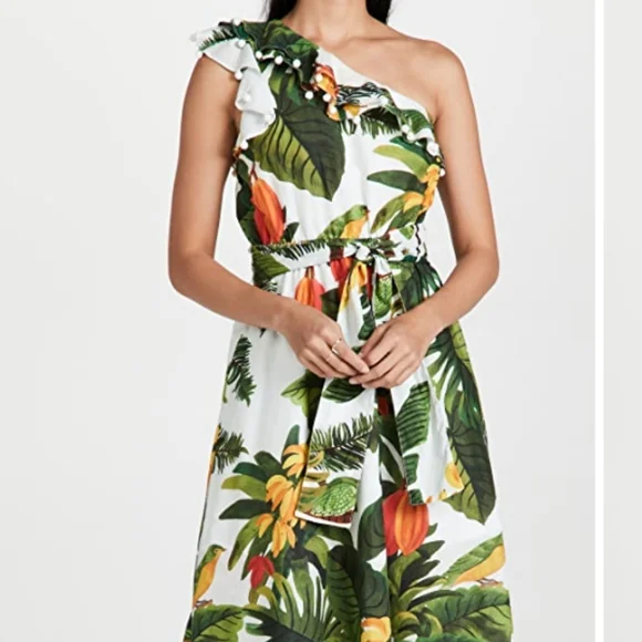 farm rio forest one shoulder maxi dress Bird Leaves Sand One Shoulder Maxi Dress  FARM Rio